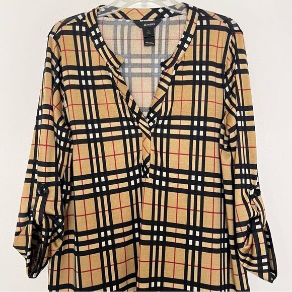 Ali Miles Plaid Blouse Camel Black Red Check Long Roll Up Tab Sleeve Tunic Large - Picture 3 of 8